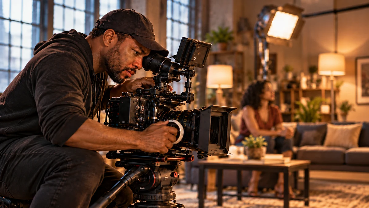 Independent filmmaker operating a cinema camera on a film production set